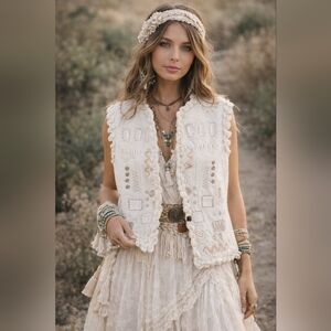 NWT.Embroidered cream 100% wool embroidered vest with Button Details